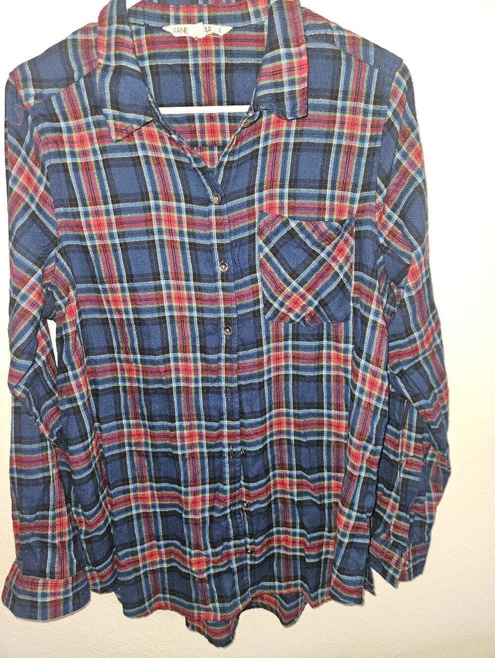 Vanilla Star Womans Plaid Long Sleeve Button Up Top Size L - Picture 2 of 10